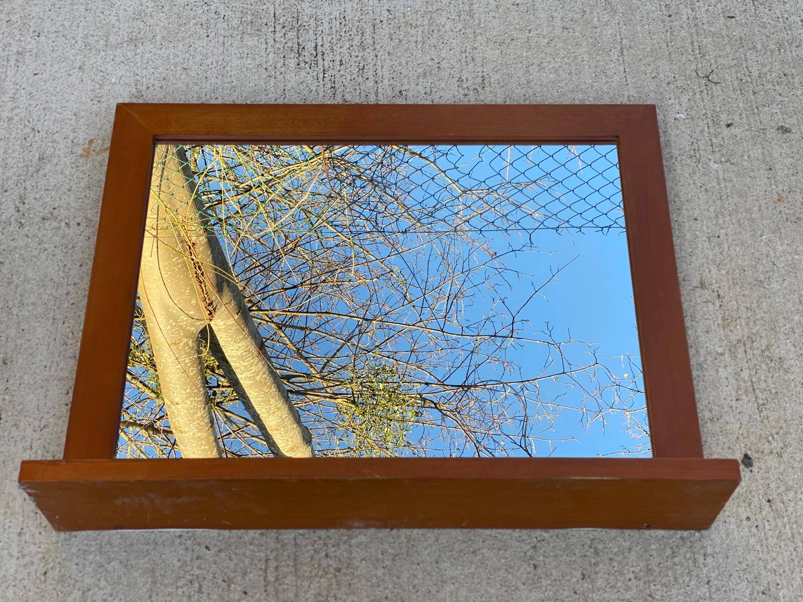 Scandinavian mirror with wooden shelf 80x65cm