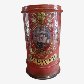 Red and gold screen-printed glass medicine jar