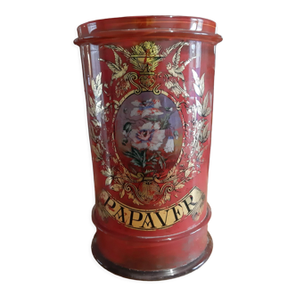 Red and gold screen-printed glass medicine jar