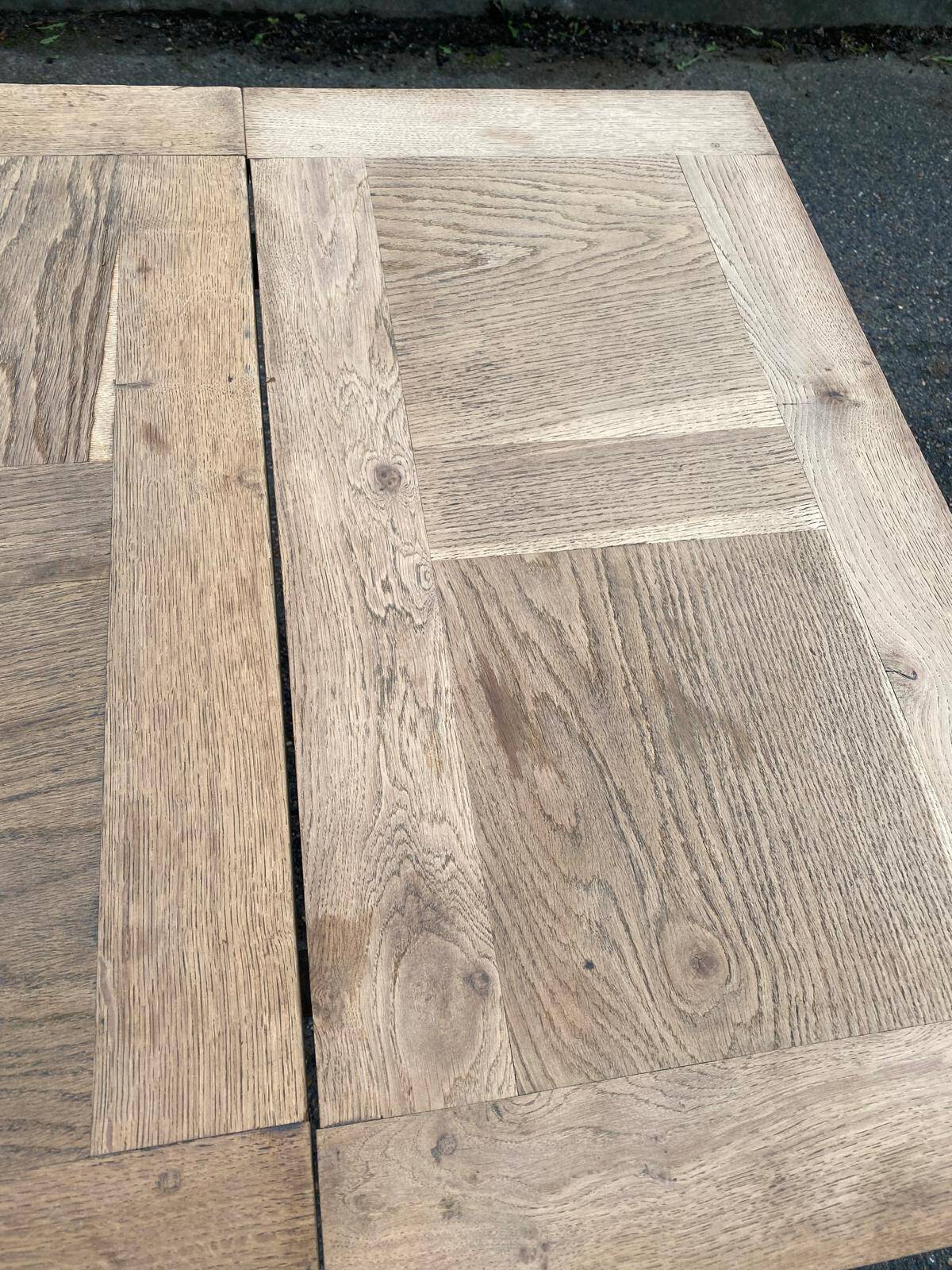 Renovated extendable farmhouse table in raw solid wood and marquetry 210cm