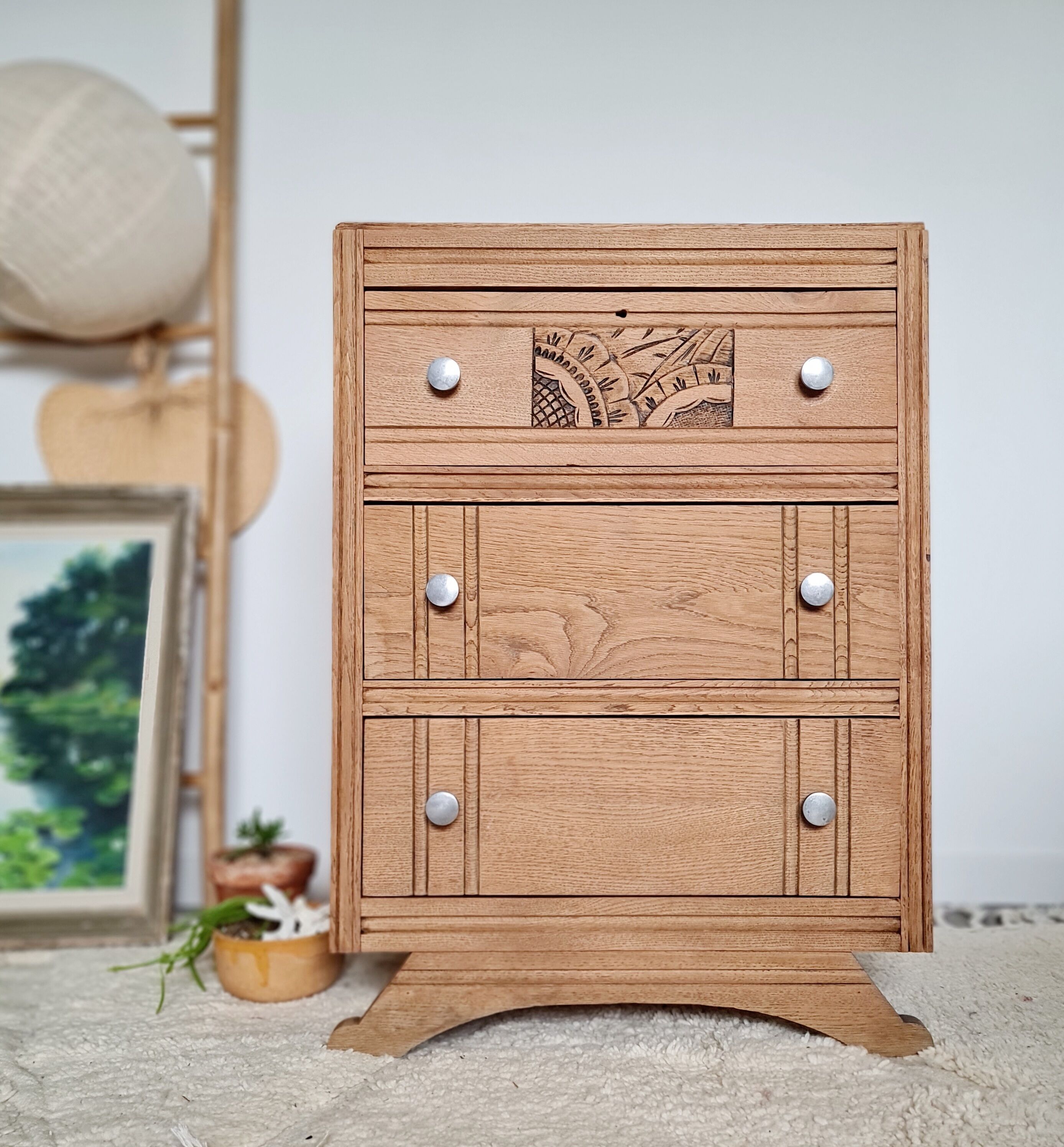Art Deco chest of drawers curved legs raw wood