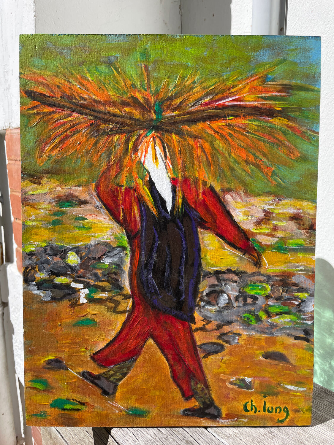 Painting of a woman in a field signed Lung