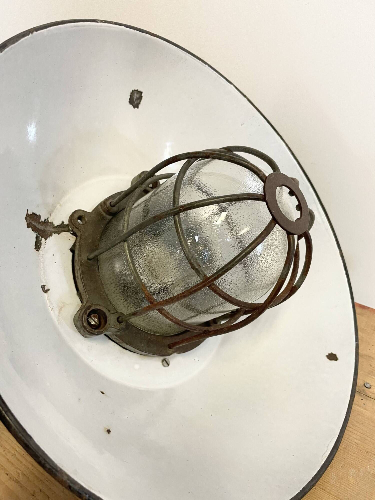 Black Enamel and Cast Iron Industrial Cage Pendant Light, 1950s