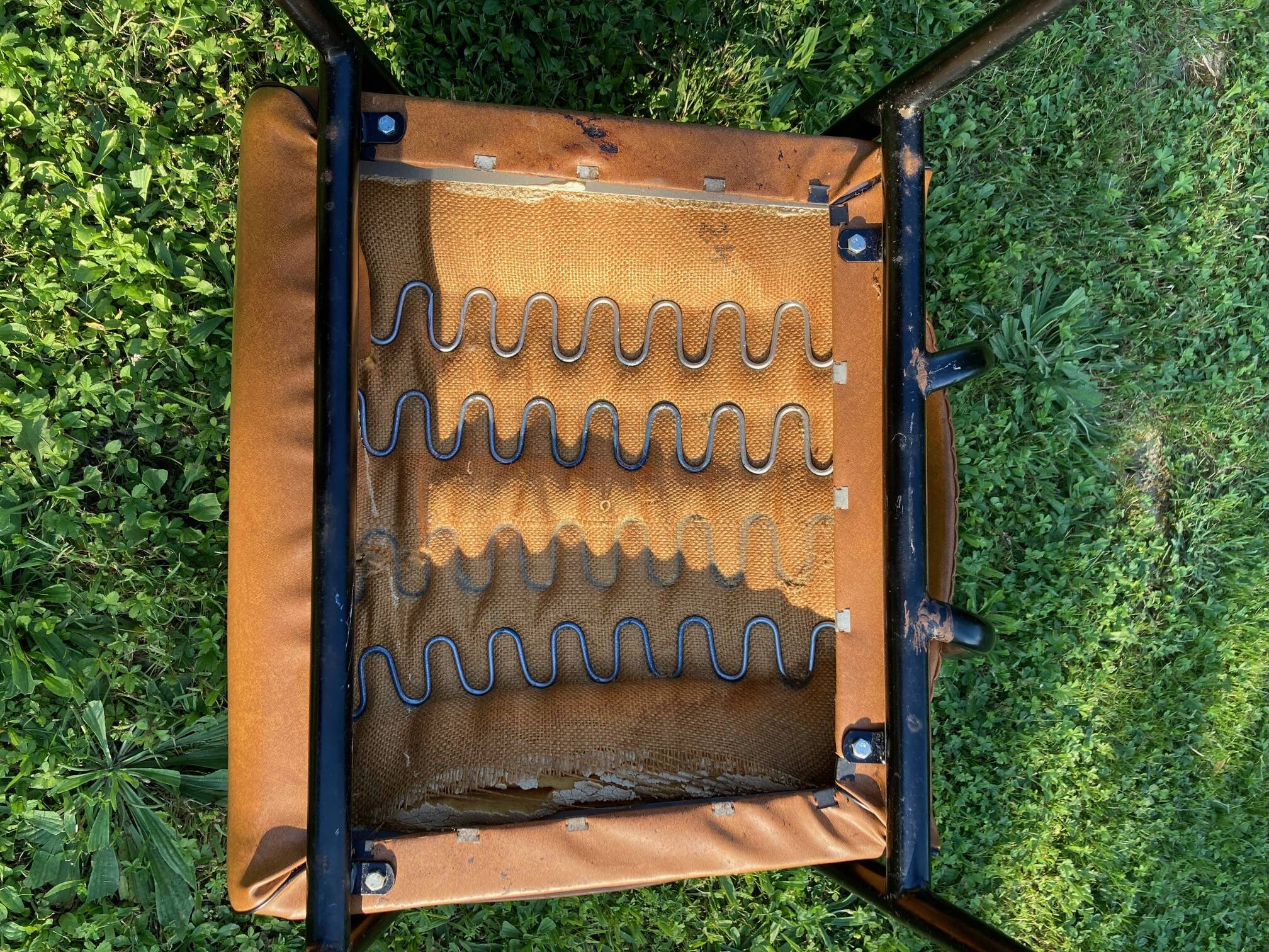 Rare light brown leatherette armchair, by "Colette Gueden", designer from the 50s