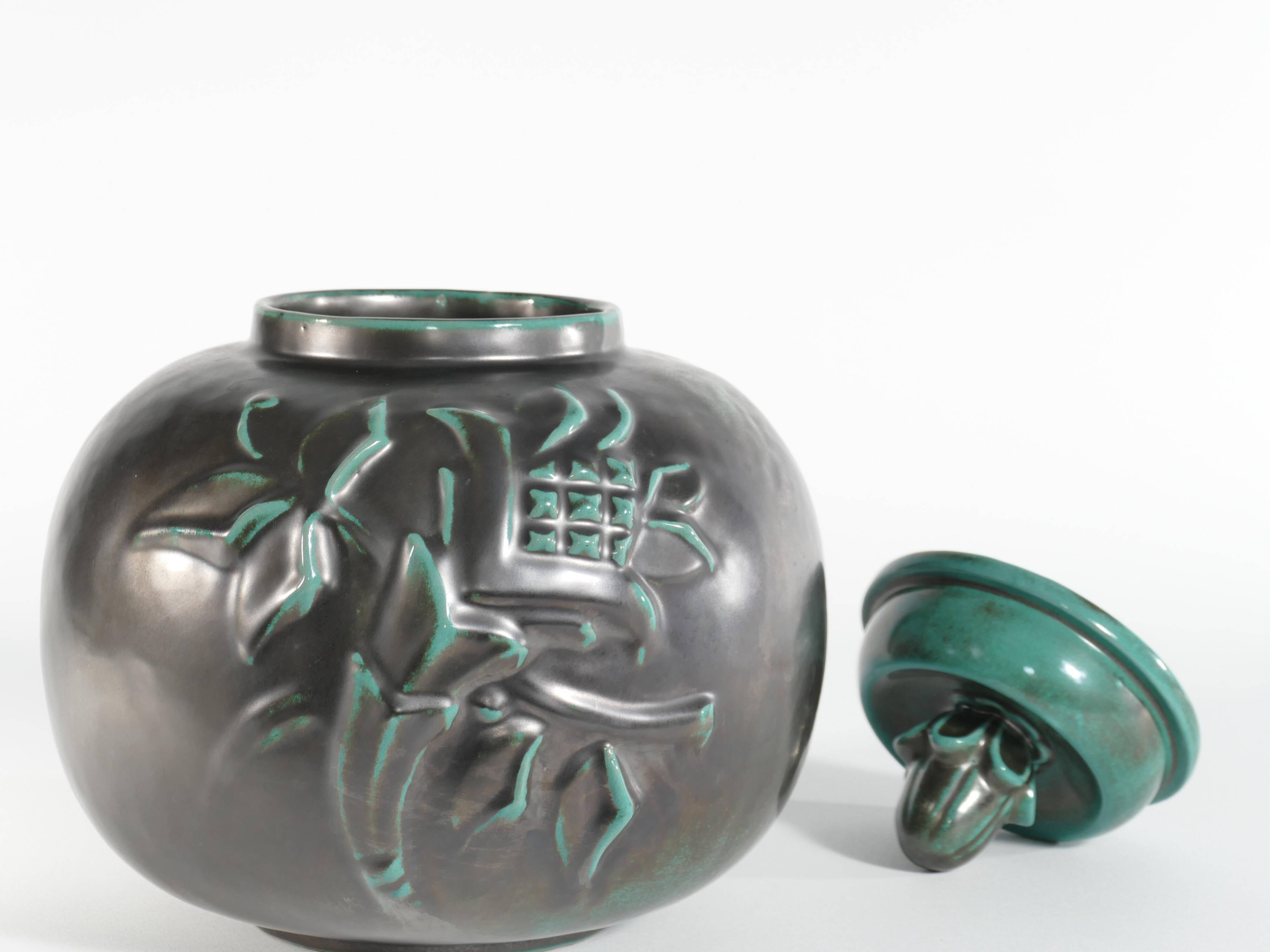 Large Art Deco Green Lidded Jar by Anna-Lisa Thomson for Upsala-Ekeby, 1930's