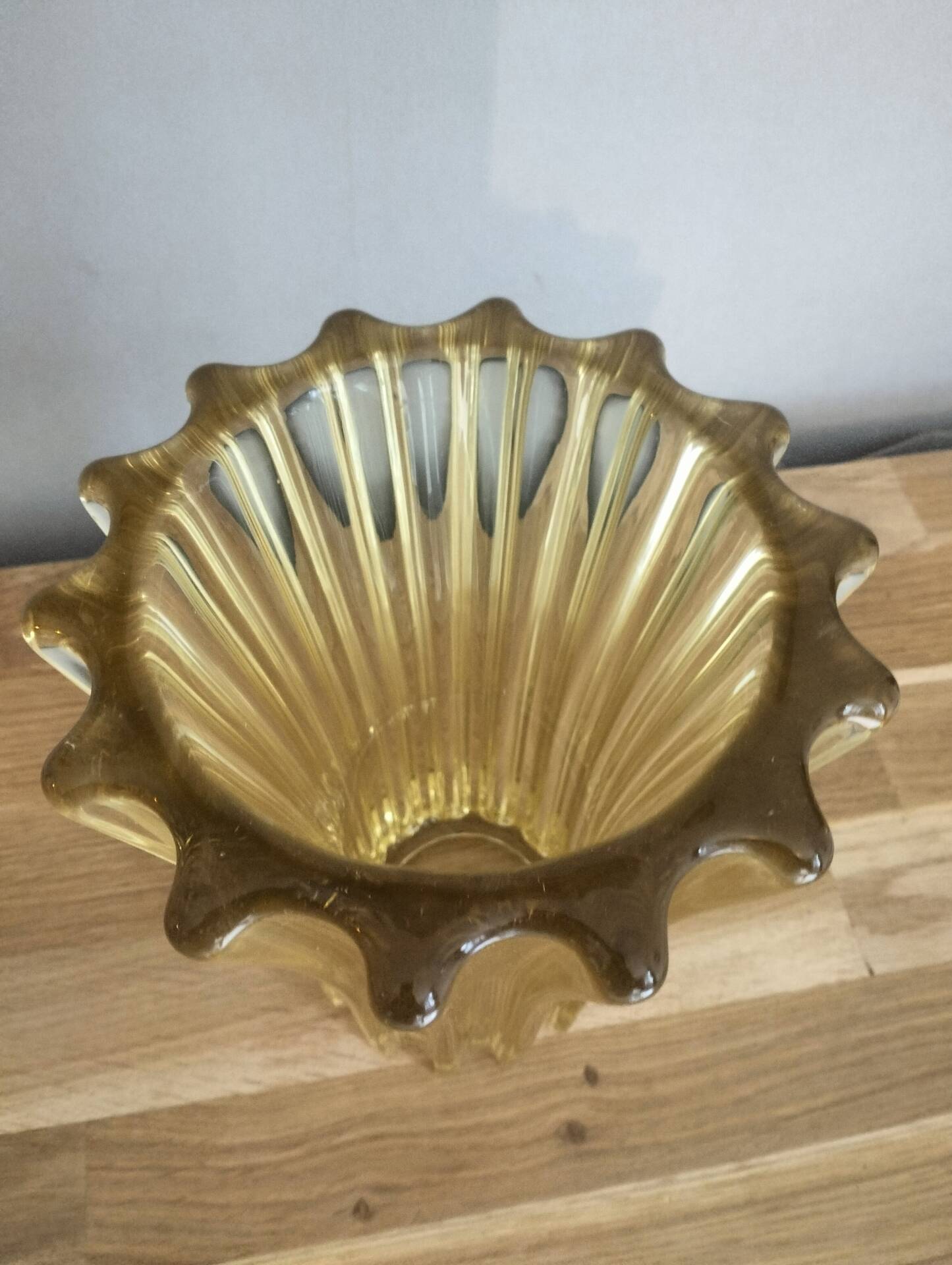 Art Deco vase by Pierre d'Avesn, ribbed amber glass, 1930s