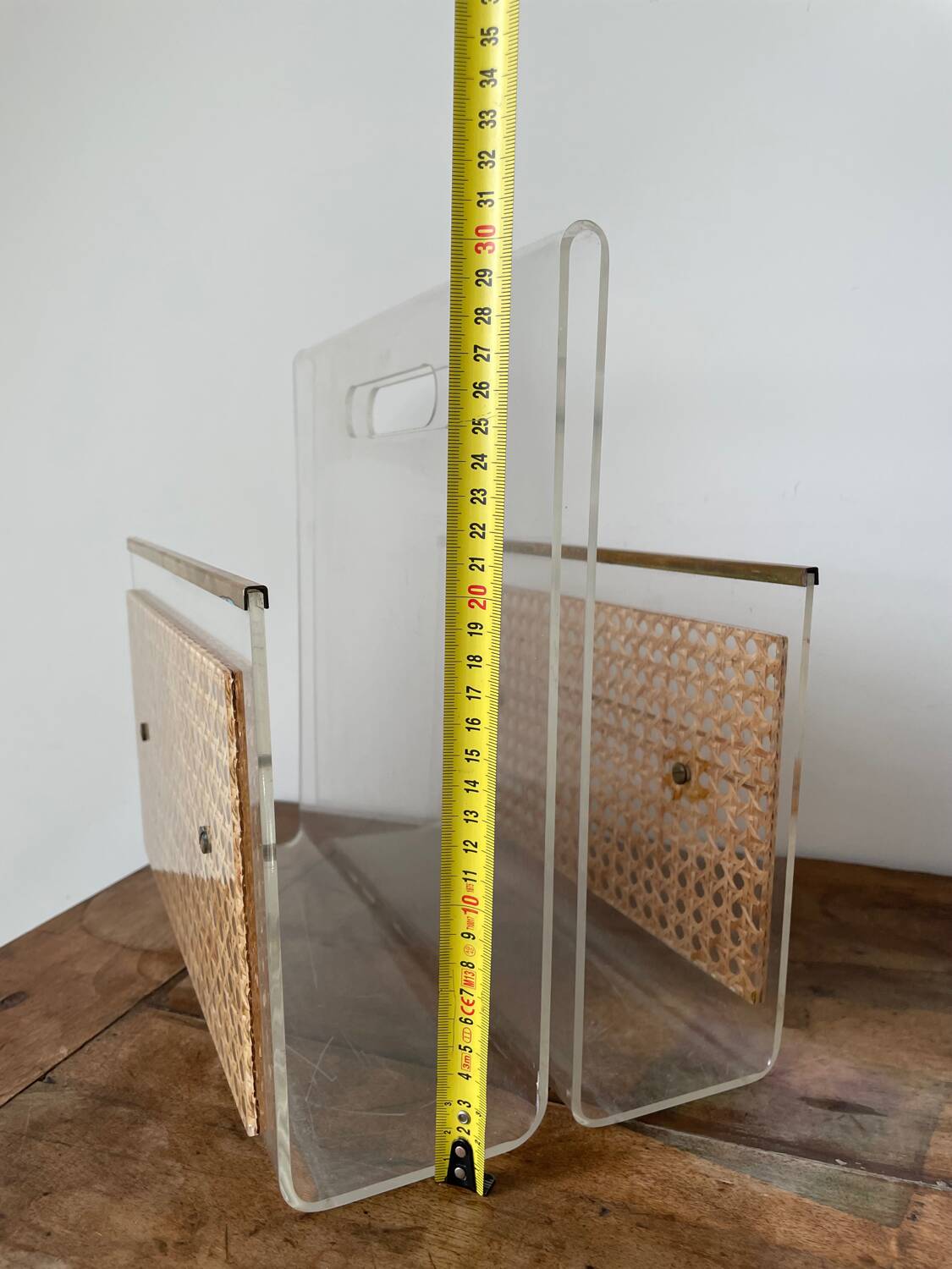 Magazine rack in plexiglass, brass and cane, 1970