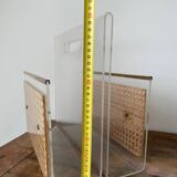 Magazine rack in plexiglass, brass and cane, 1970