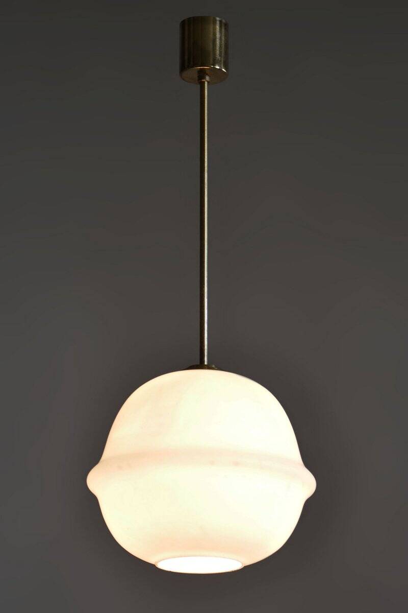 Mid-Century Modern Pendant Light in Brass and Opaline Glass from Kamenický Šenov, 1960s