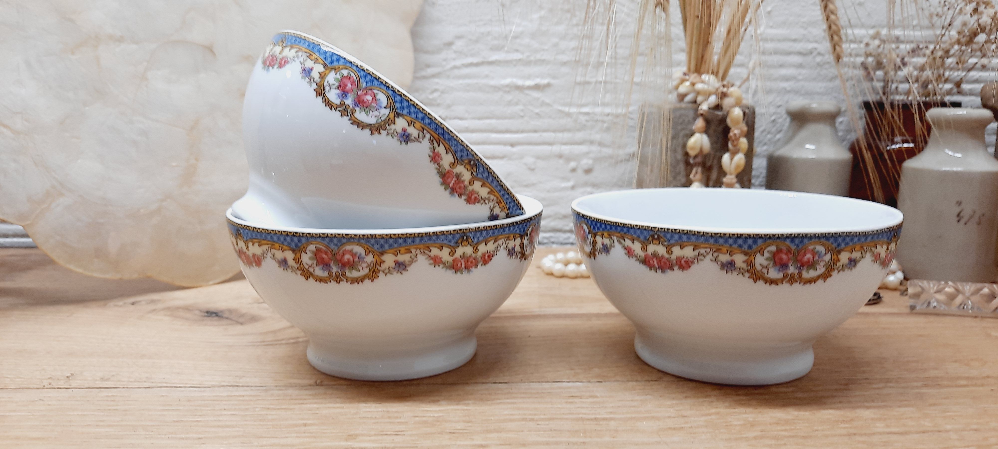 Set 3 bols porcelaine guirlande de fleurs