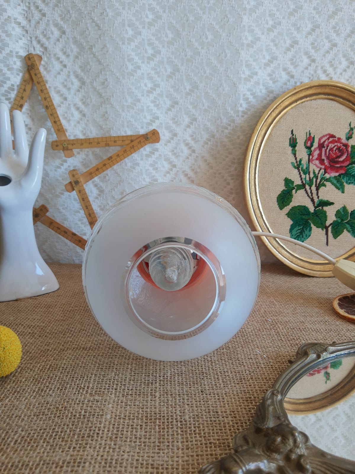 Retro orange table lamp and 70s glass globe