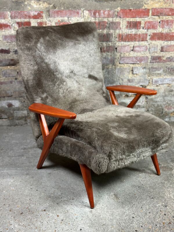 Fauteuil scandinave vintage 50's en hêtre teinté et tissus peluche