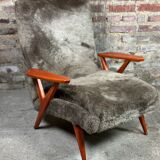 Vintage Scandinavian armchair 50'S in dyed beech and plush fabrics