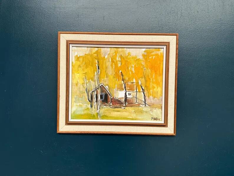 Original Swedish Oil on Canvas – "Houses and Trees in Autumn" by Pia H. Campbell