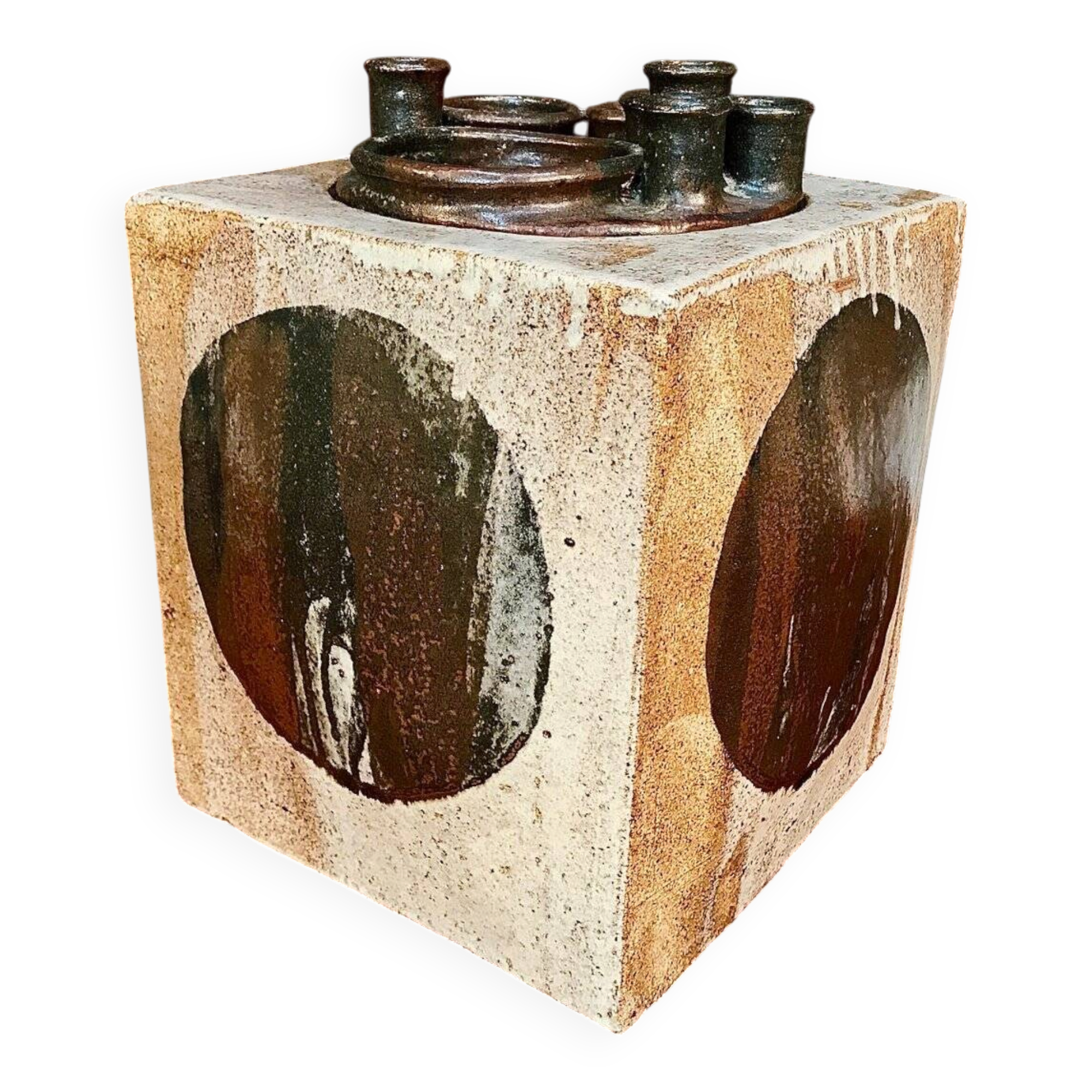 Brutalist ceramic art cube vase by Annette Merkenthaler, Germany 1960s