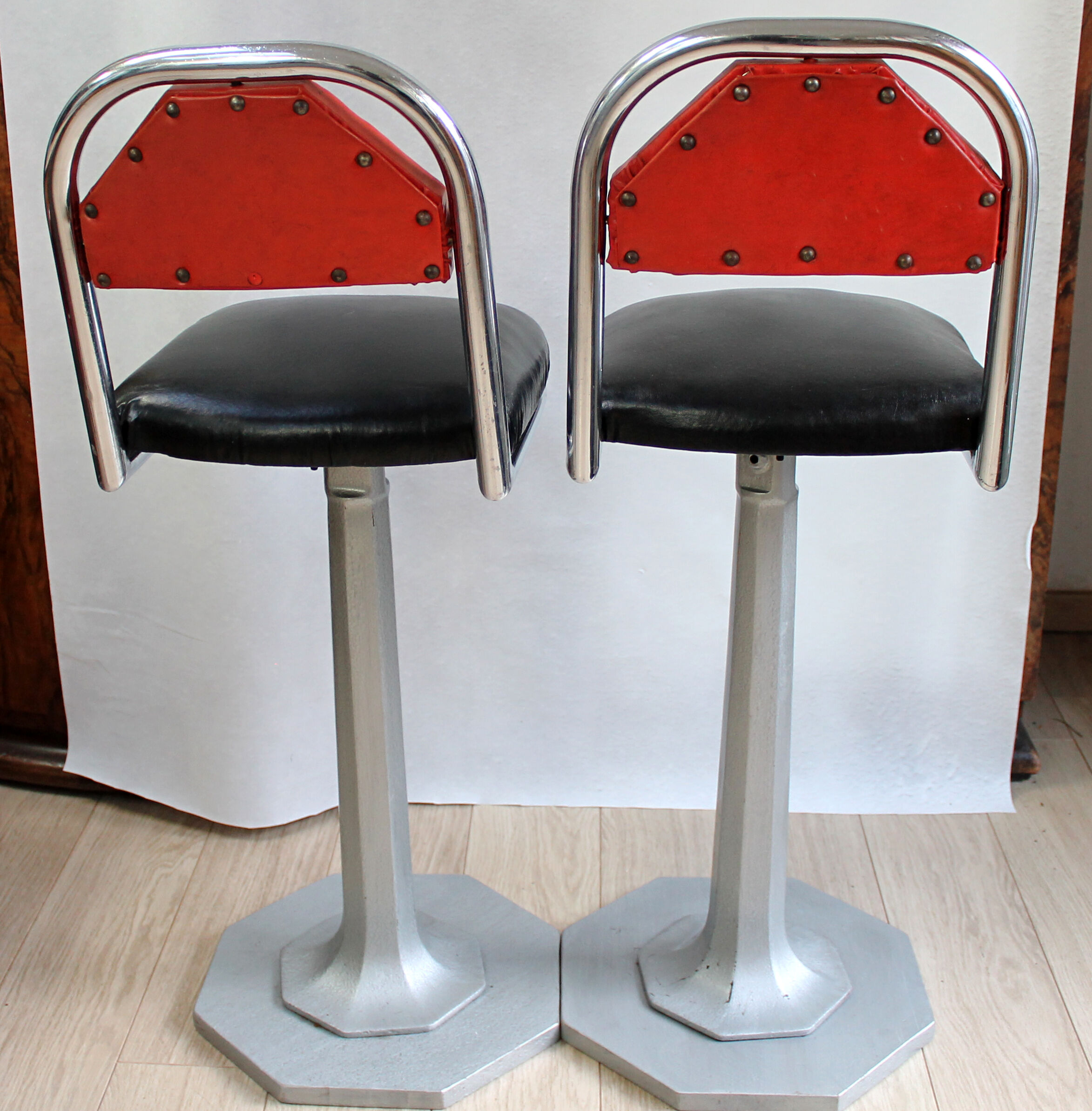 Vintage chrome metal bar stools wood and black and Red skai