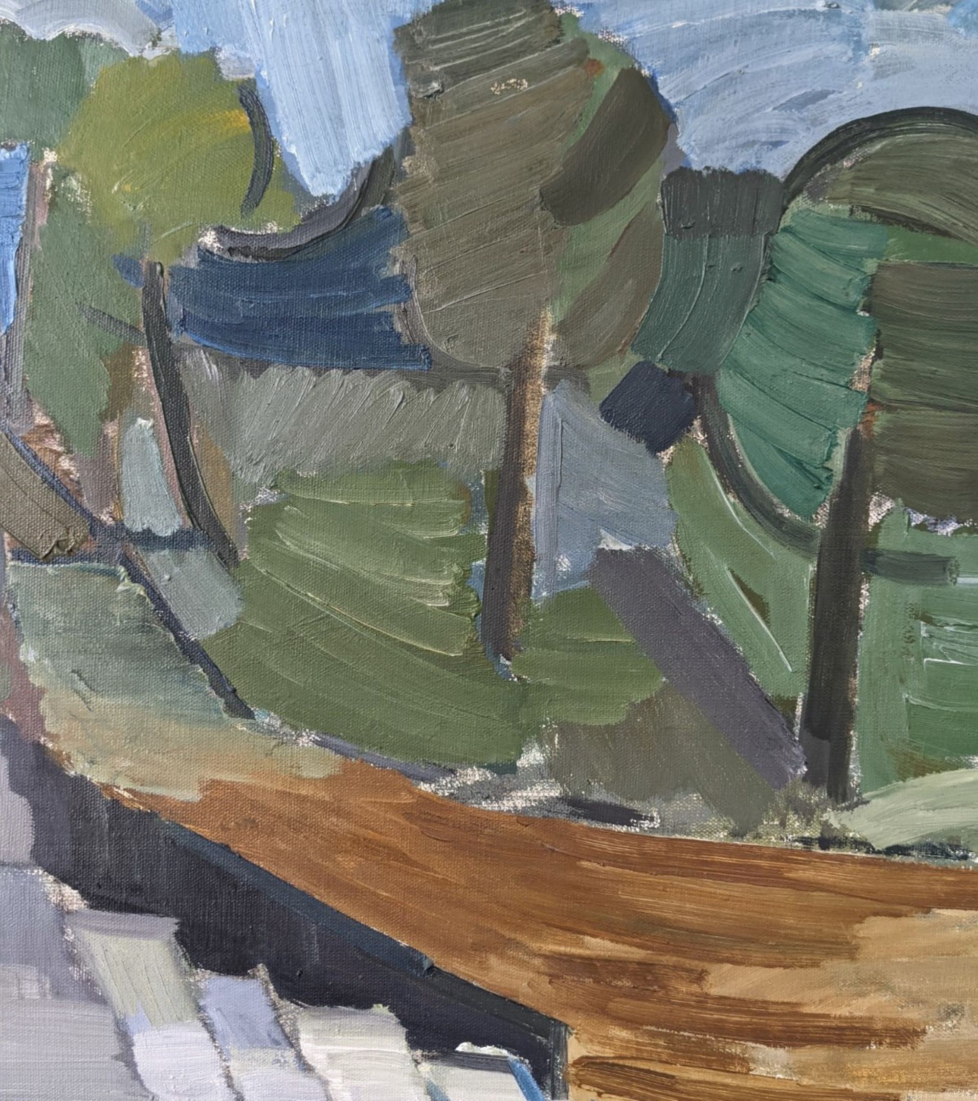 Mid-Century Modern Swedish Oil Painting "Green Park" Vintage Framed Landscape