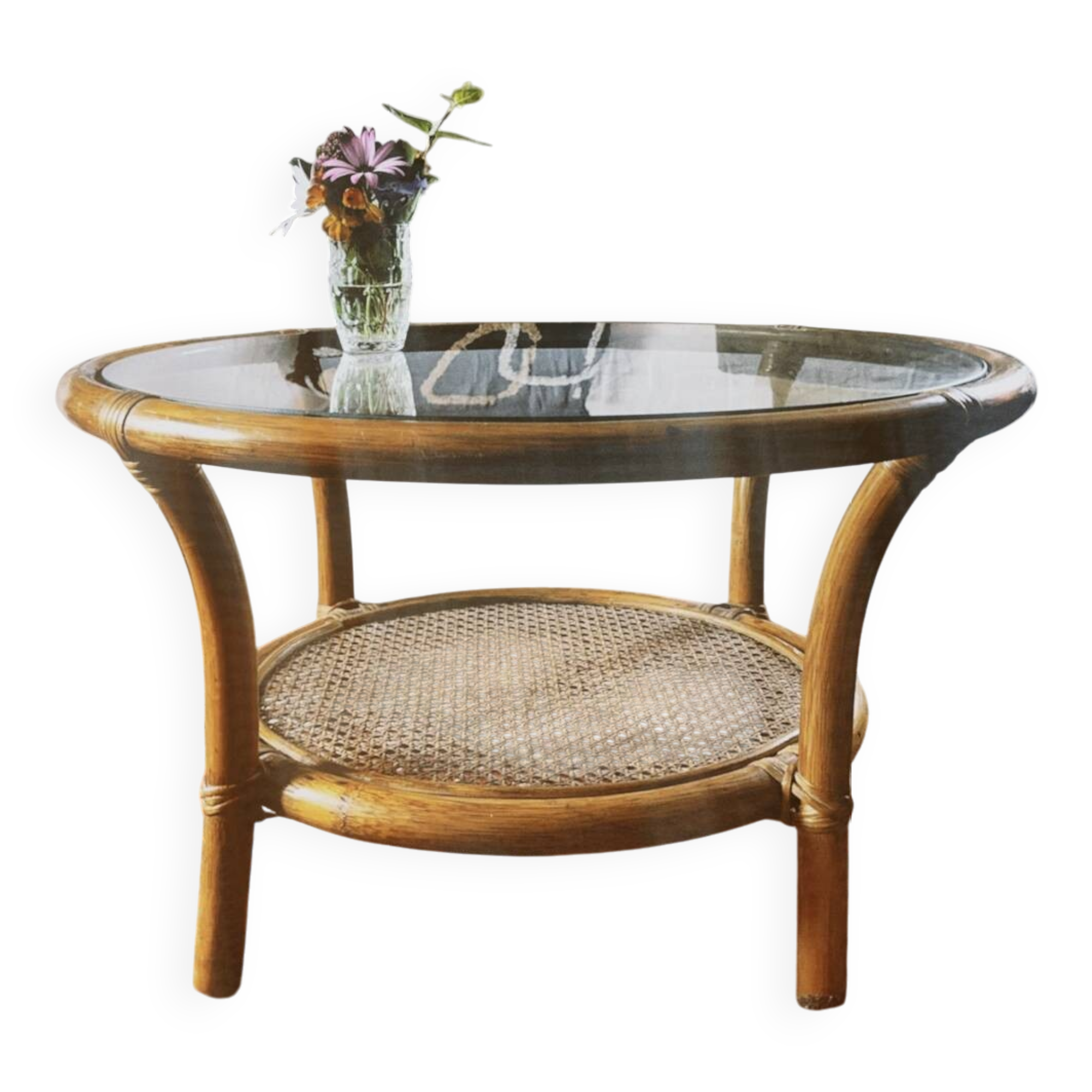Vintage rattan and glass coffee table