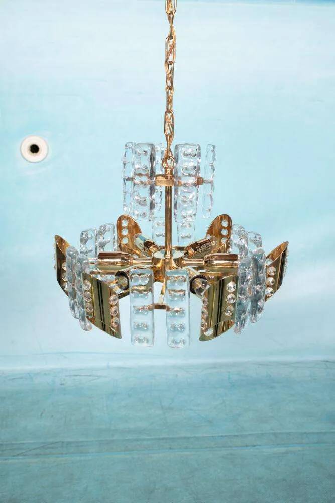 Midcentury gold crystal suspension by Orrefors, Fagerlund