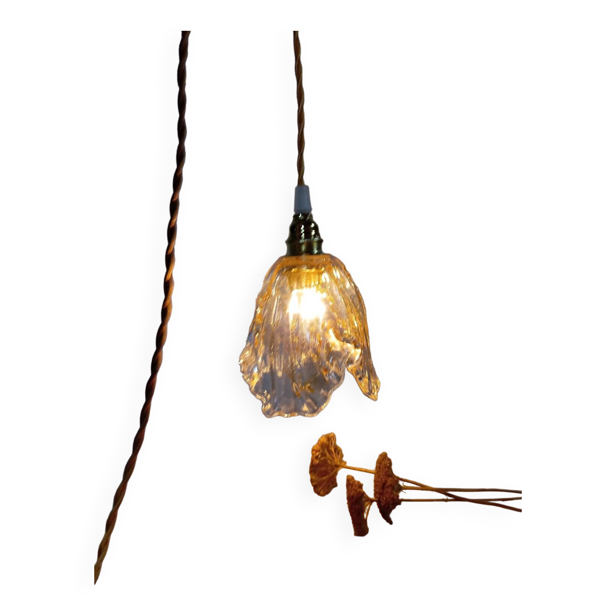 Hanging pendant light thick transparent draped and amber glass, vintage