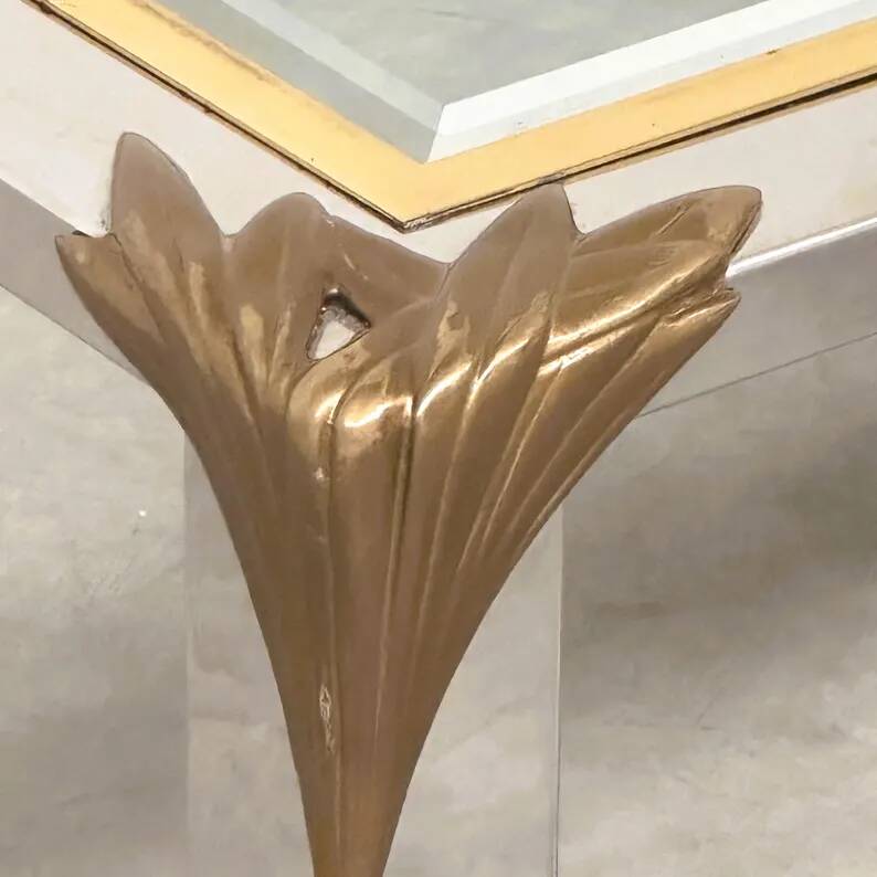 Vintage coffee table in chrome and brass adorned with sculpted leaf details, 1970s
