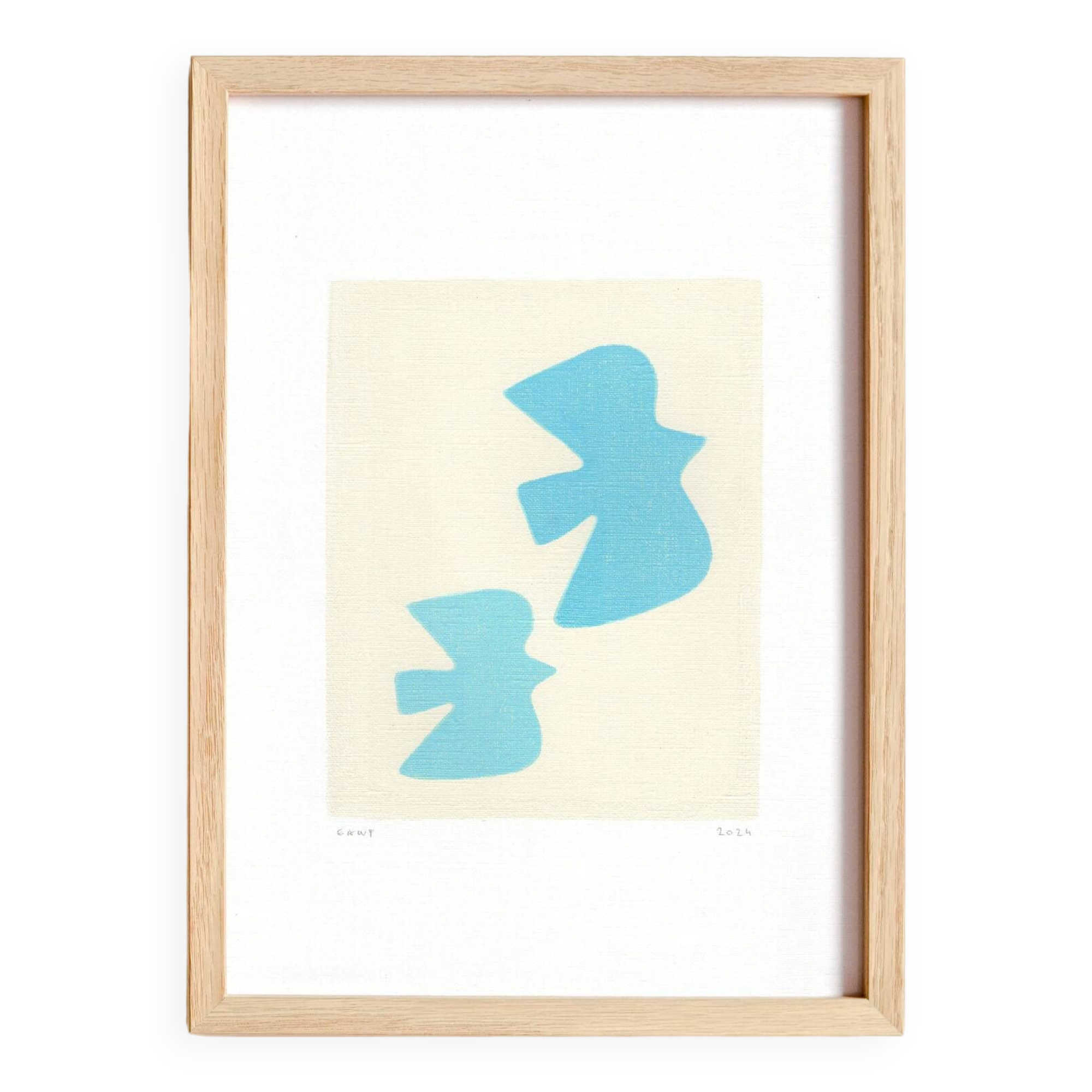 Painting on paper - birds - light blue - signed eawy