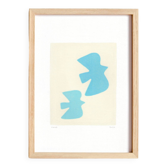 Painting on paper - birds - light blue - signed eawy