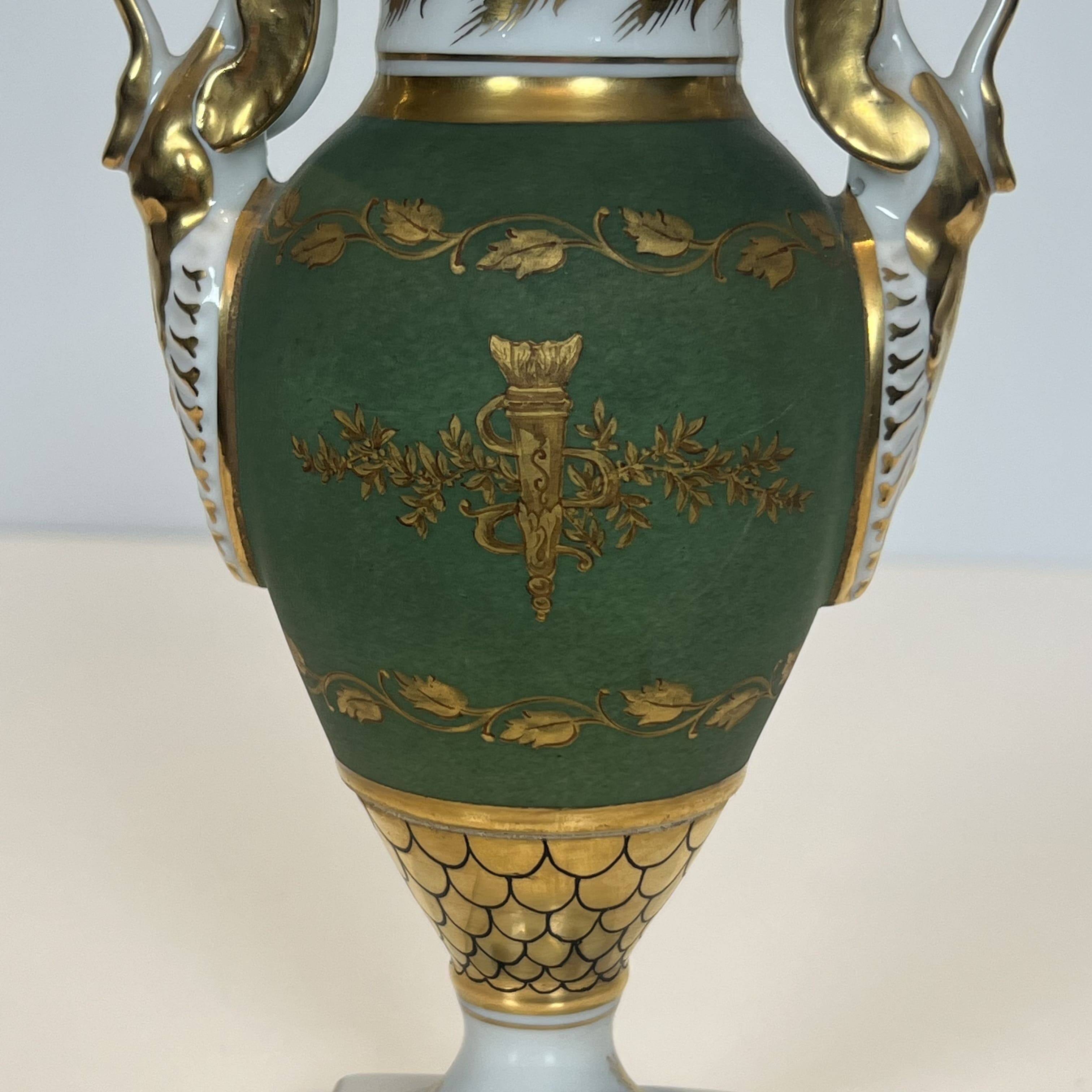 Pair of Empire Style Porcelain Vases, Decorated with Swans and Bundles