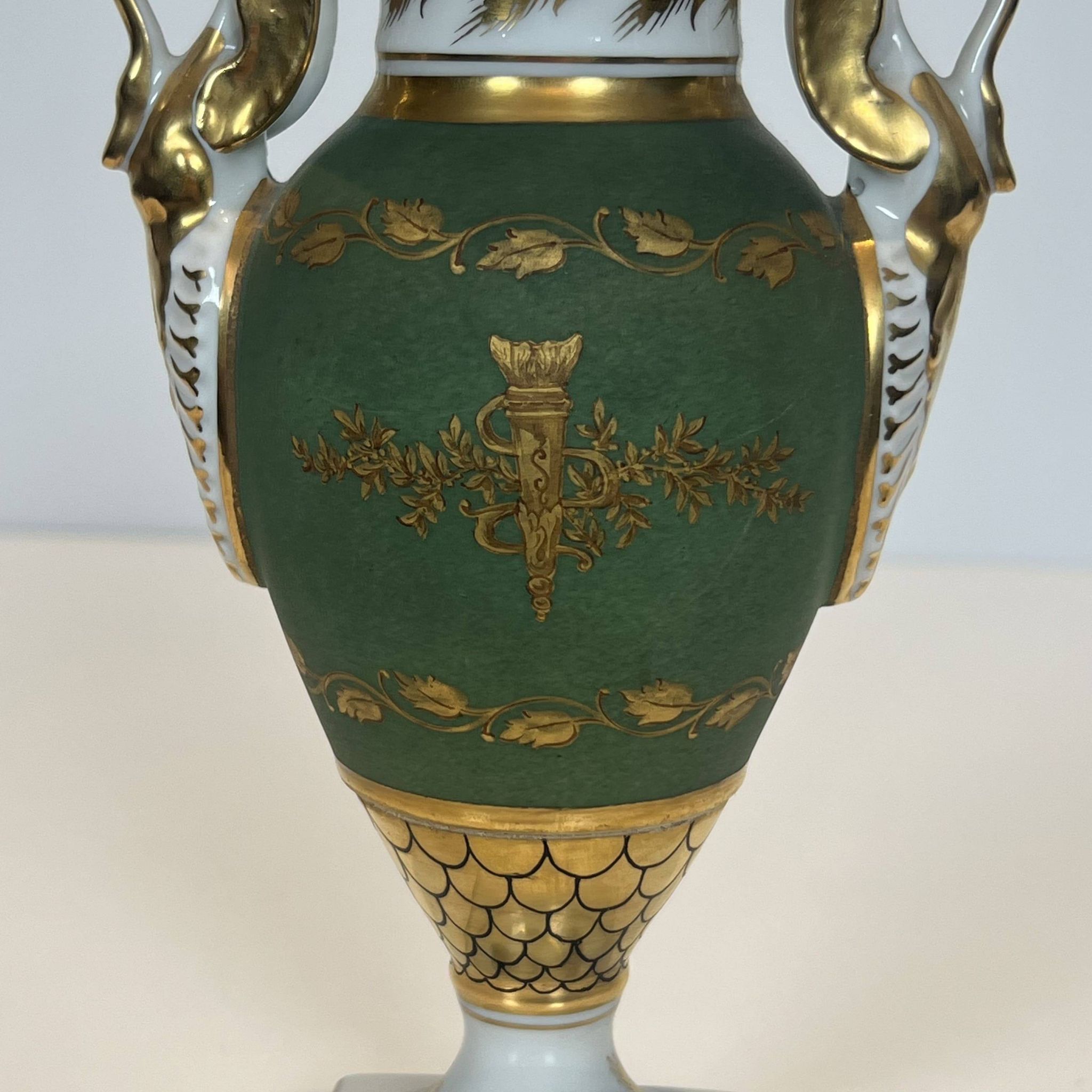 Pair of Empire Style Porcelain Vases, Decorated with Swans and Bundles