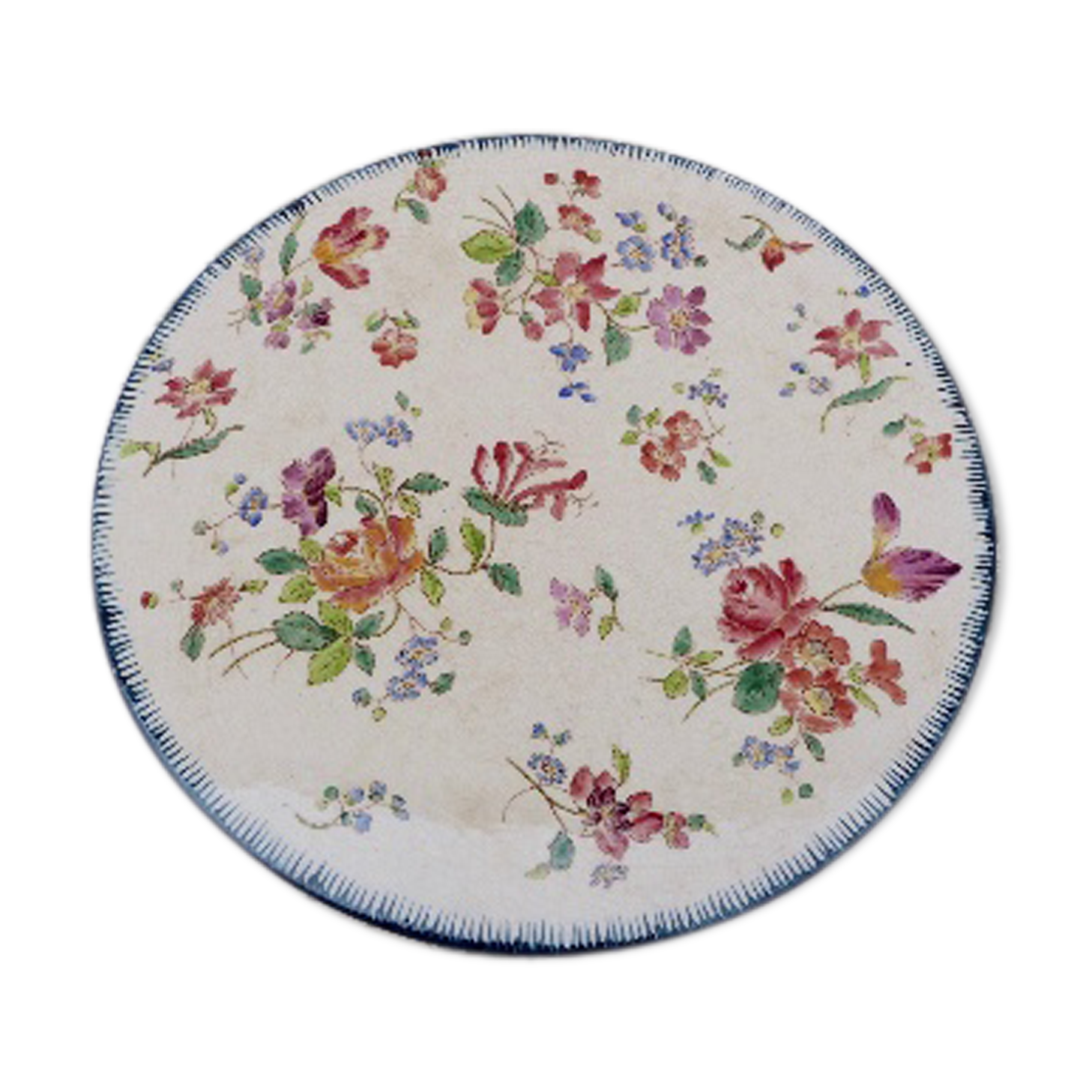 Large old dish in faience Longchamp iron earth Chevrefeuille Flowers
