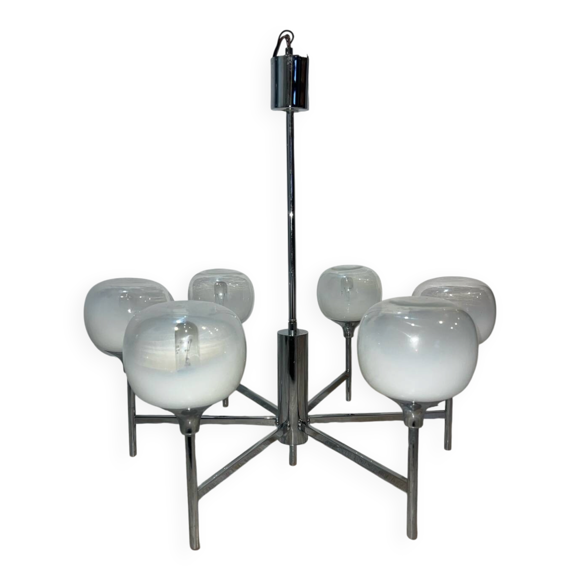 Lustre Space Age 6 arms in chrome and opalised globes in the style of Gaetano Sciolari.