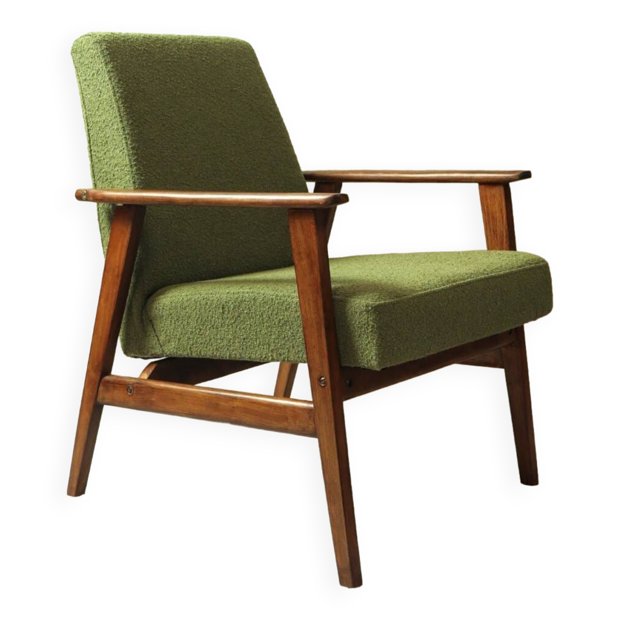 Fauteuil scandinave boucle eucalyptus vert oryginal model 1970 rénové chaise de salon moderne design milieu du siècle