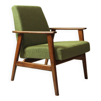 Fauteuil scandinave boucle eucalyptus vert modèle original 1970 rénové chaise de salon moderne design milieu du siècle