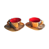 2 lunches decorated in faux wood style, cups + saucers, signed VALLAURIS