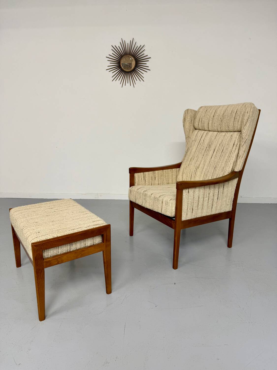 Vintage Casala wingback armchair with ottoman, 1970s design