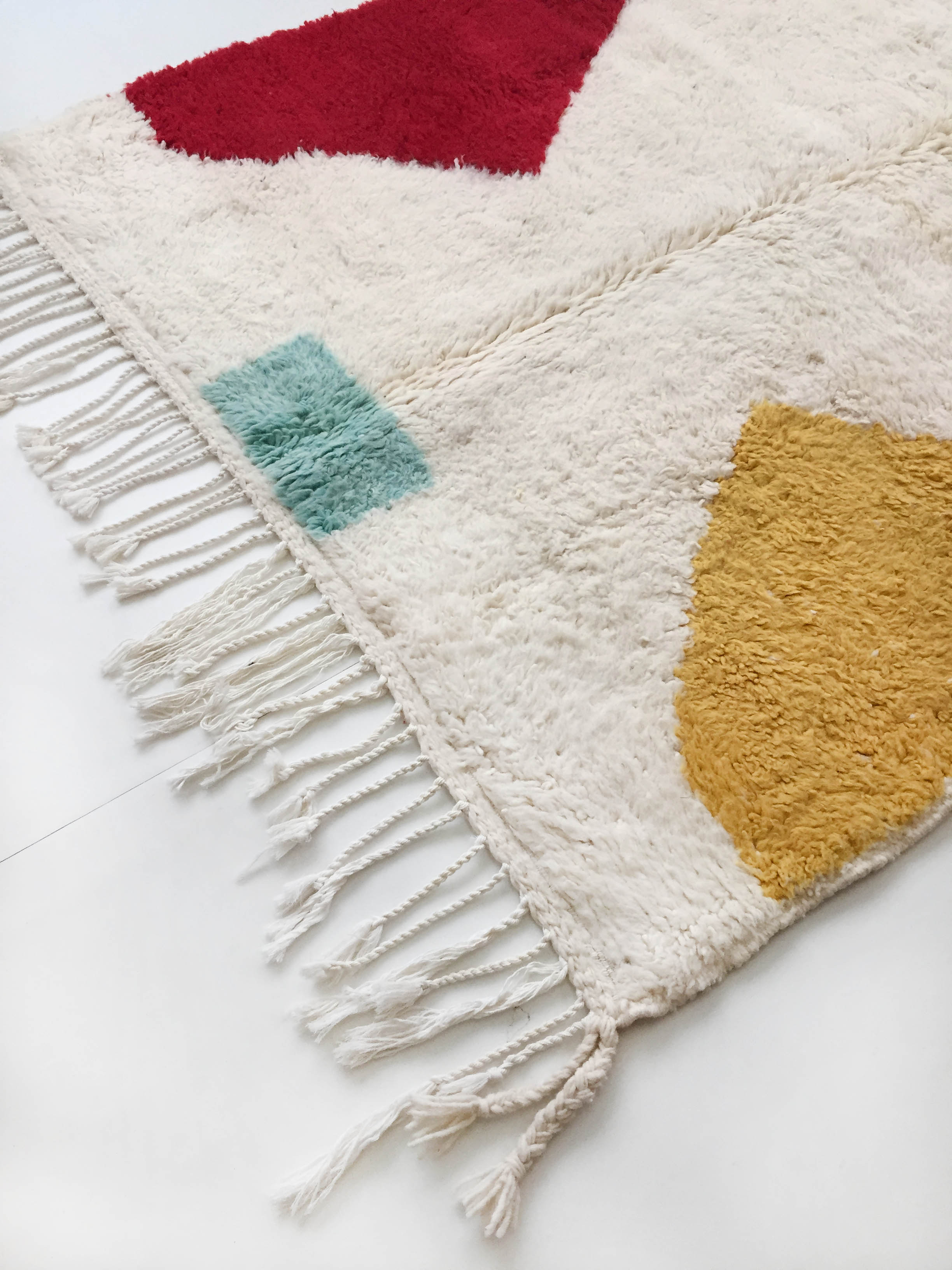 Moroccan Berber carpet blessed ouarain ecru with colorful patterns 255x156cm