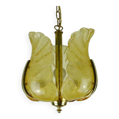 Lampe suspendue Carl Fagerlund en laiton et verre ambre Orrefors des années 1960, lustre.