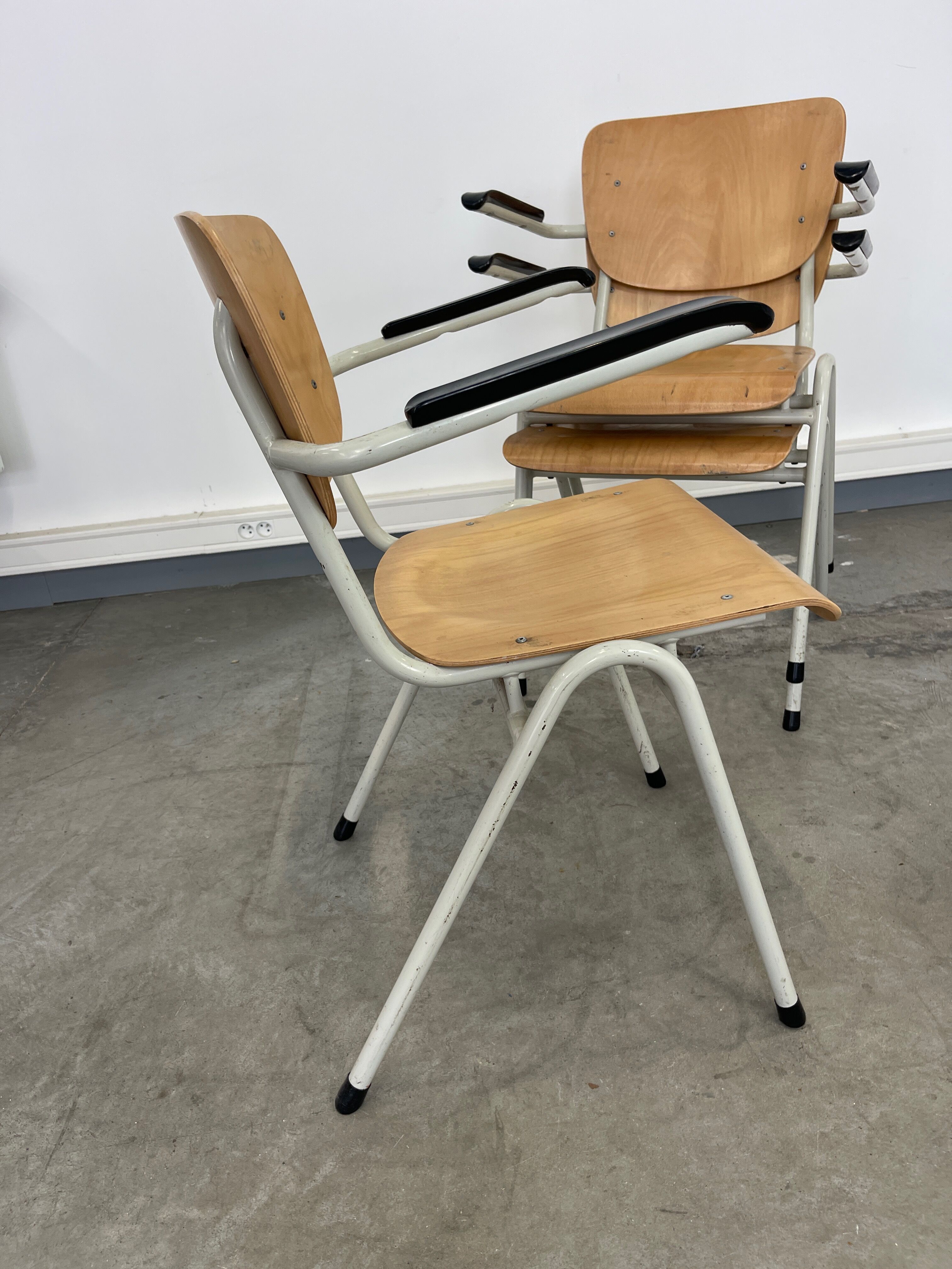 Set of 3 school armchairs light wood white steel 1980s Netherlands