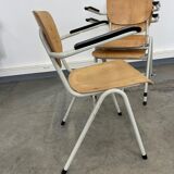 Set of 3 school armchairs light wood white steel 1980s Netherlands