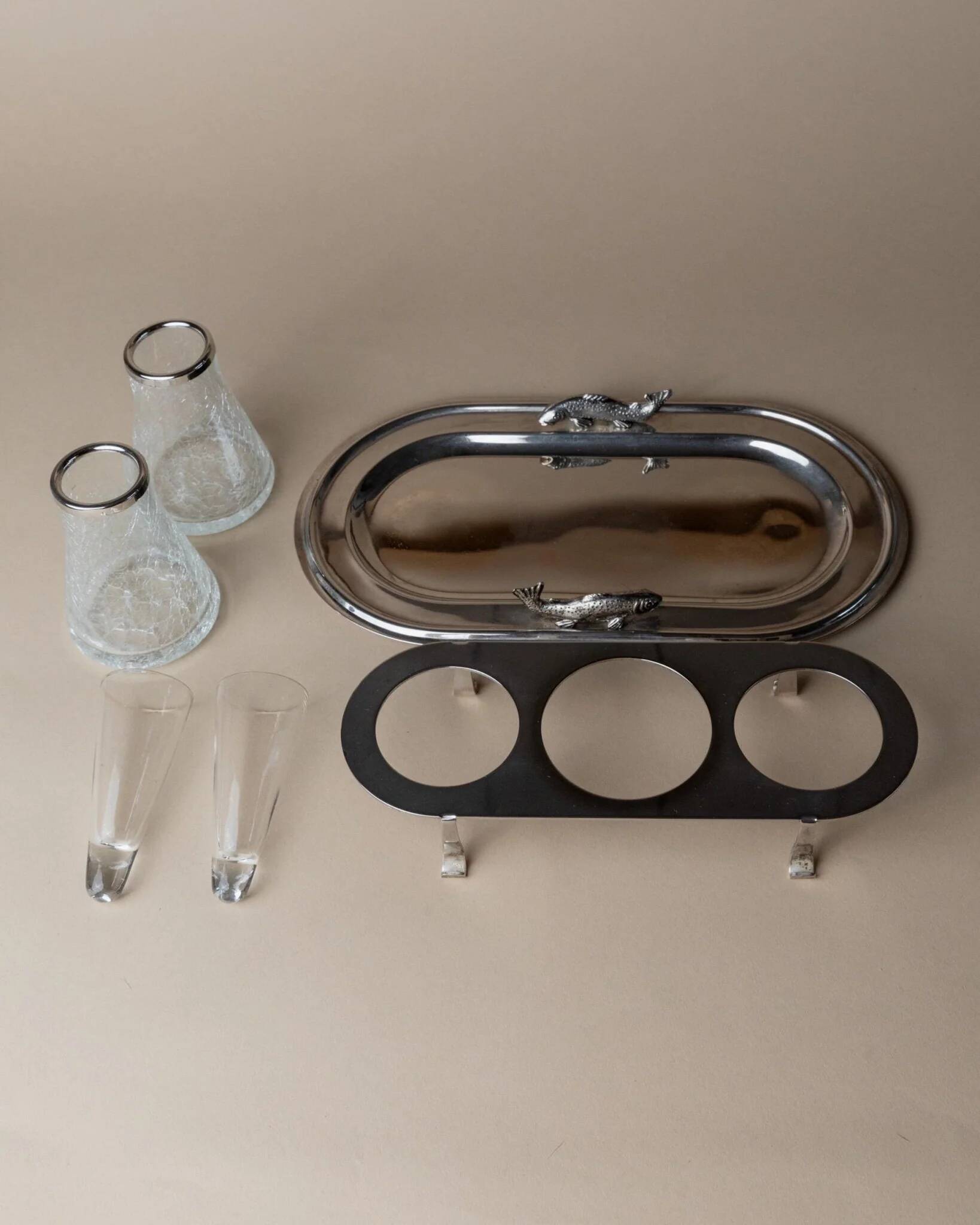 Argent Silverplated Metal Vintage Serving Set for Shots or Caviar-Tray, Ice Holders, Glasses, Italian 1970s Mid-Century Elegant