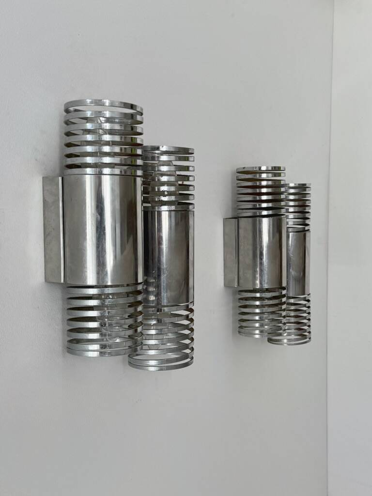 Pair of vintage double wall lights in chrome metal, France, 1970.