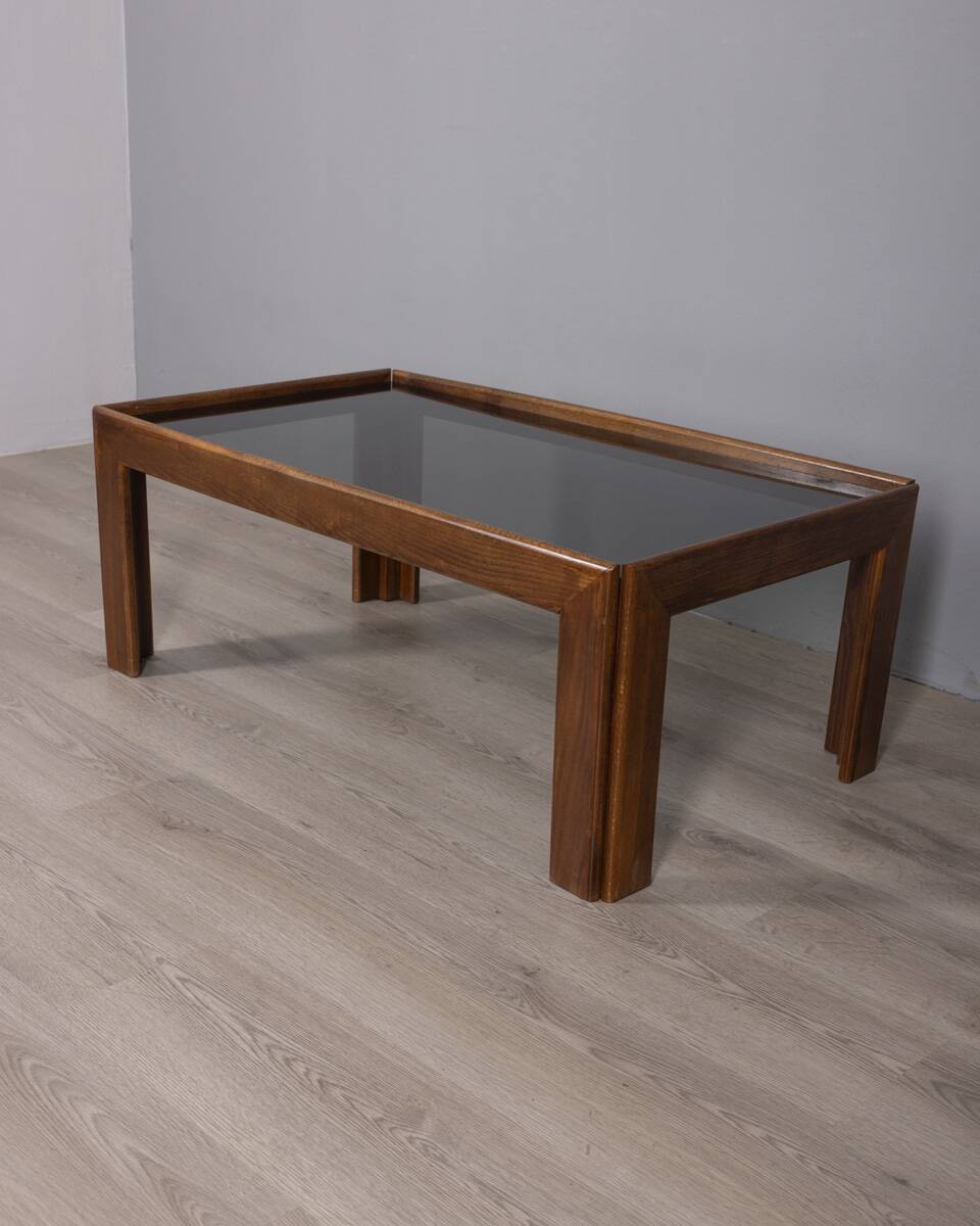 Vintage 1970s coffee table in wood and smoked glass, Italian design