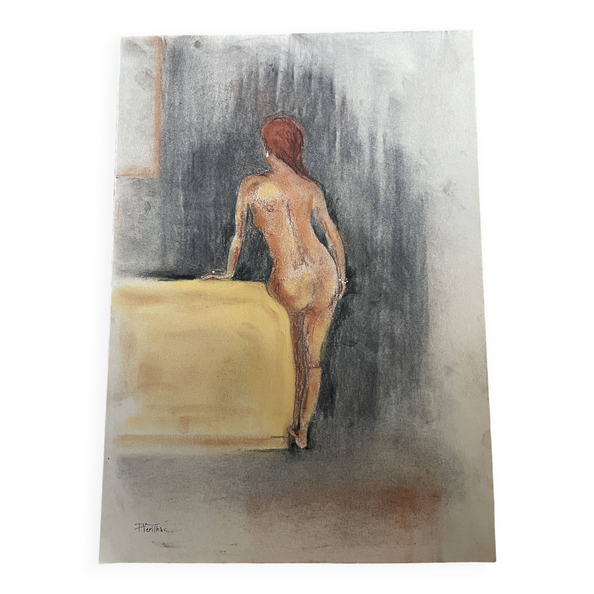 Painting signed pastel female portrait “the ocher sofa” 42x30 cm