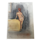 Painting signed pastel female portrait “the ocher sofa” 42x30 cm