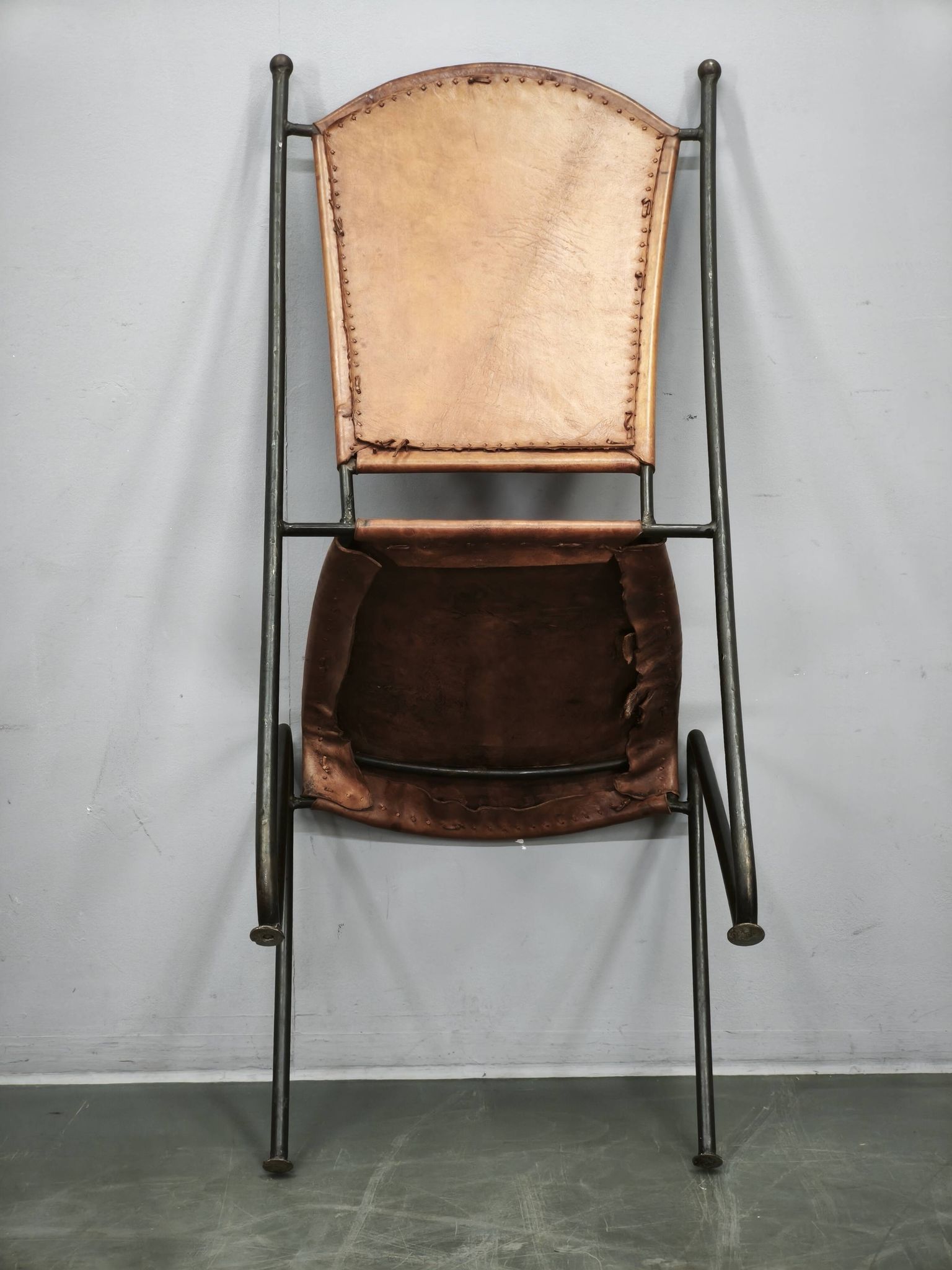 1990s European Brutalist Wrought Iron and Hand-Stitched Cognac Leather Dining Chair