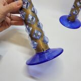 Paire De Bougeoirs Photophores Verre Bleu Soufflé En Cage Dlg Felipe Derflingher