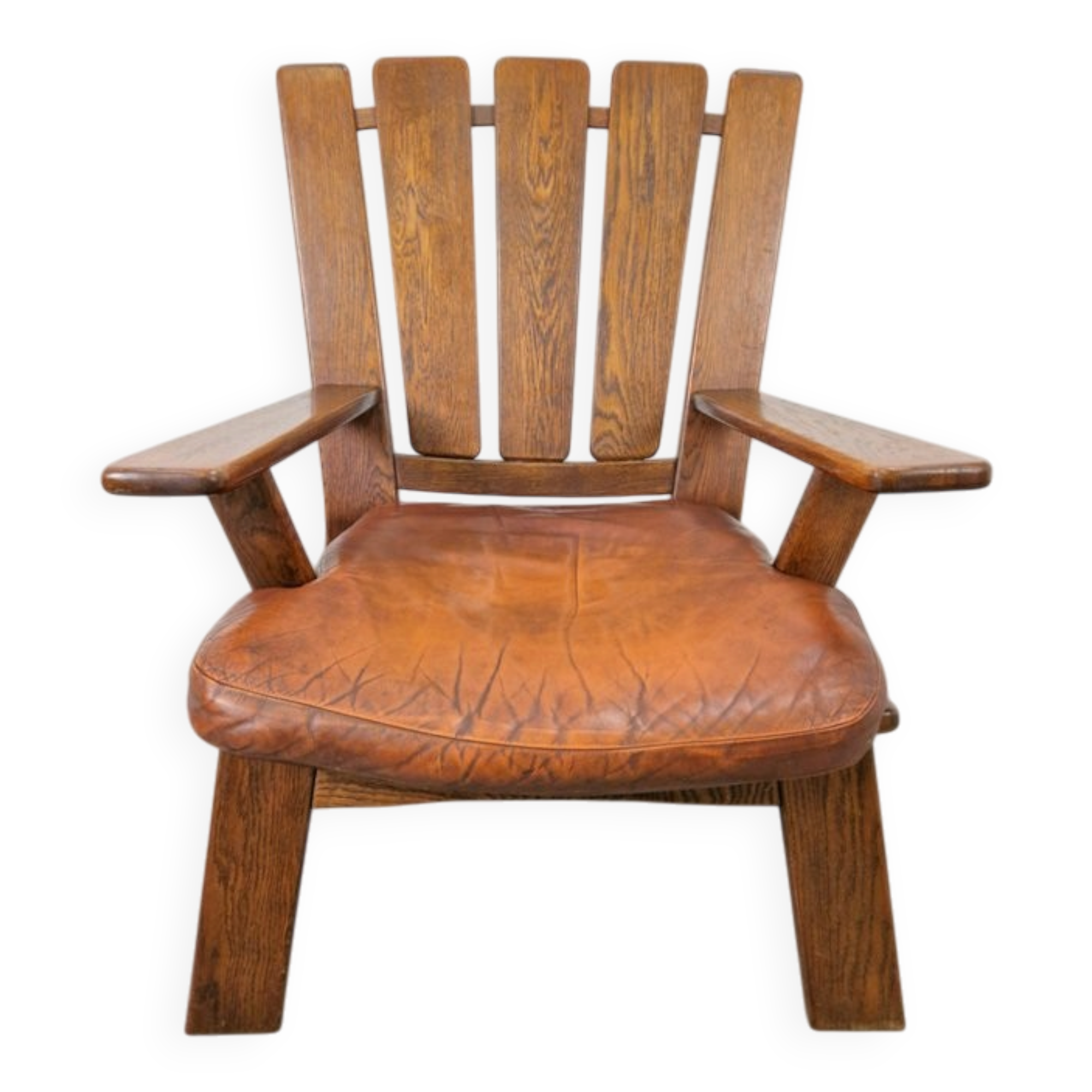 Fauteuil en bois brutaliste avec revêtement en cuir marron, Allemagne, années 1960.