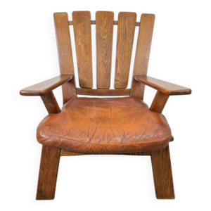 fauteuil en bois brutaliste - cuir