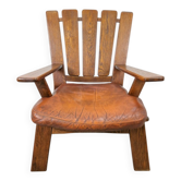 Brutalist Wood Armchair with Brown Leather Upholstery, Germany, 1960s