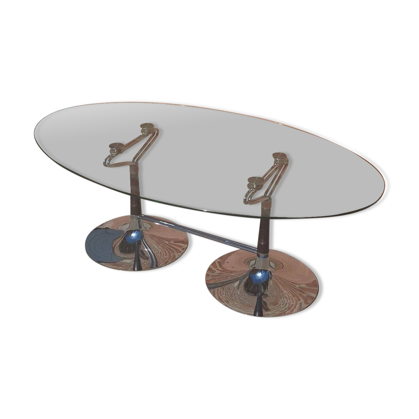 Table ovale Design années 70 – Verre, Chrome & Noyer